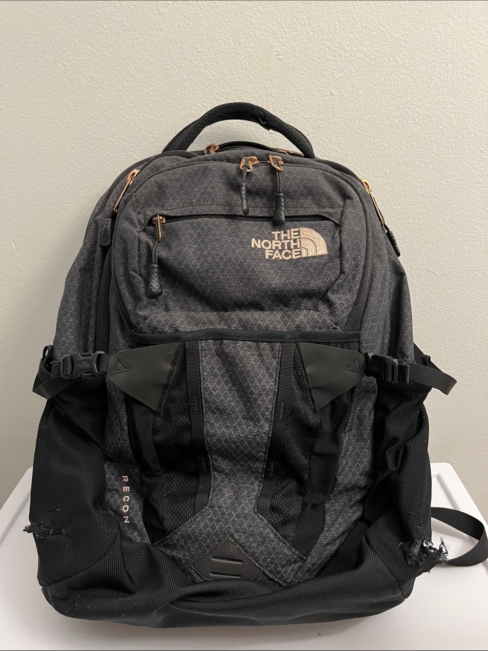 Northface Women’s Recon Bookbag in Black with Rose Gold Hardware